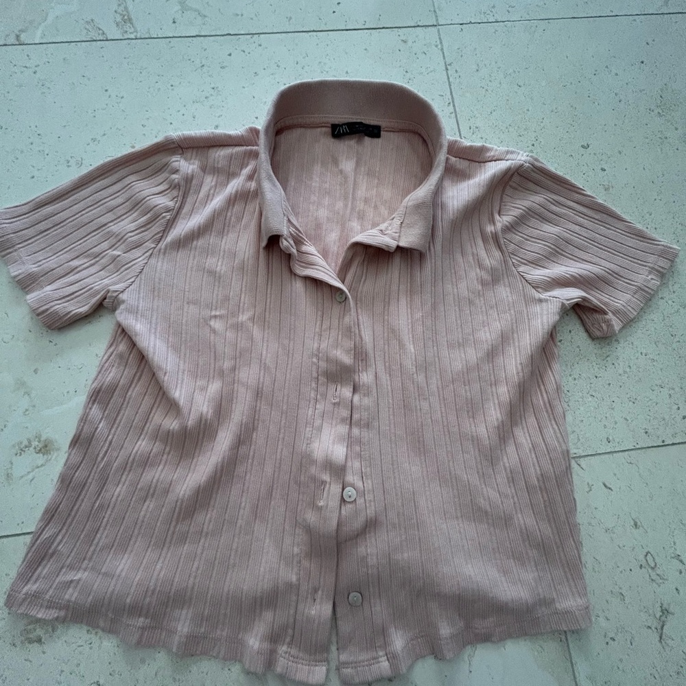 Zara Women’s Collared Light Pink Button Up Ribbed Top